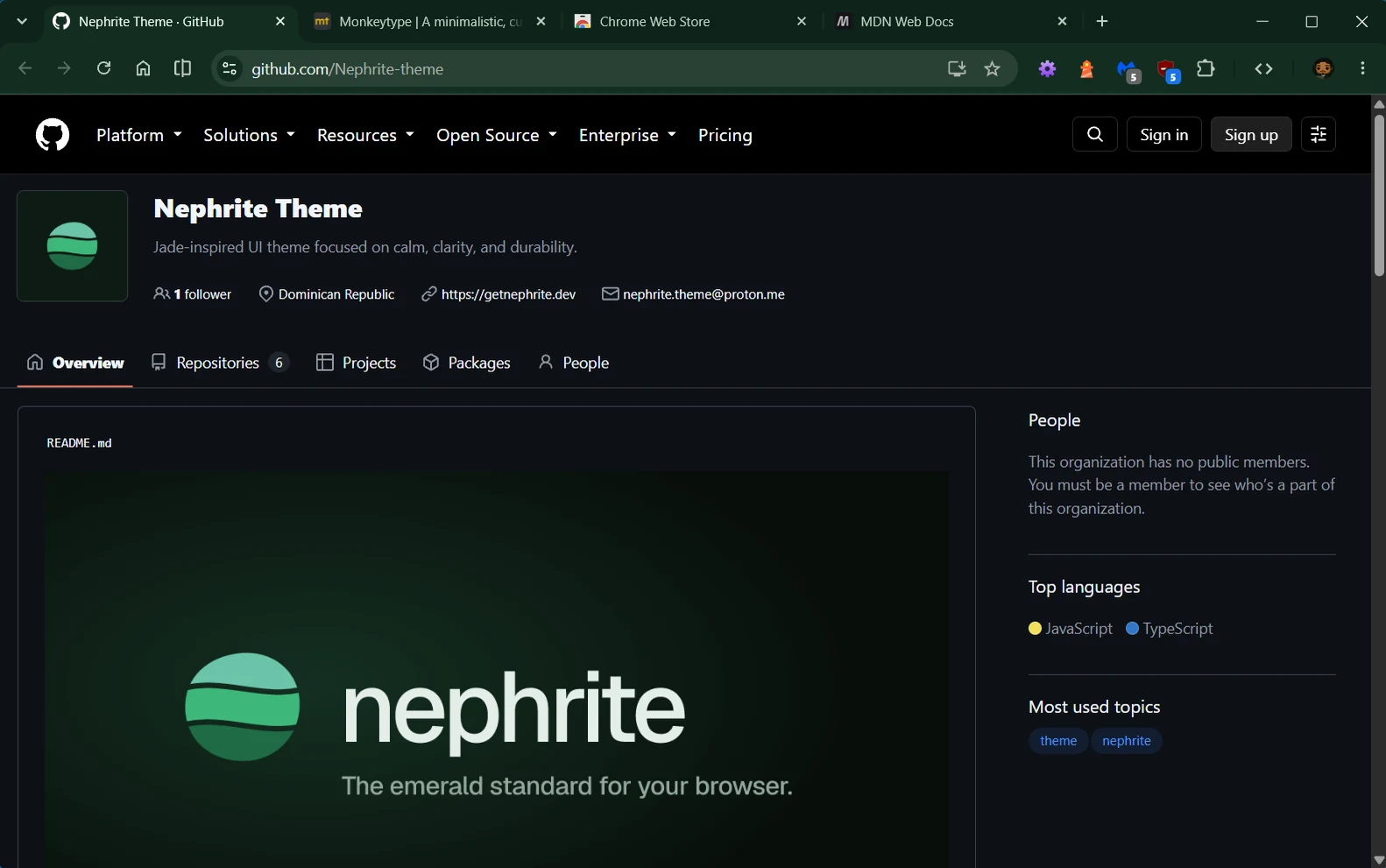 Un navegador con el tema Nephrite Jade aplicado