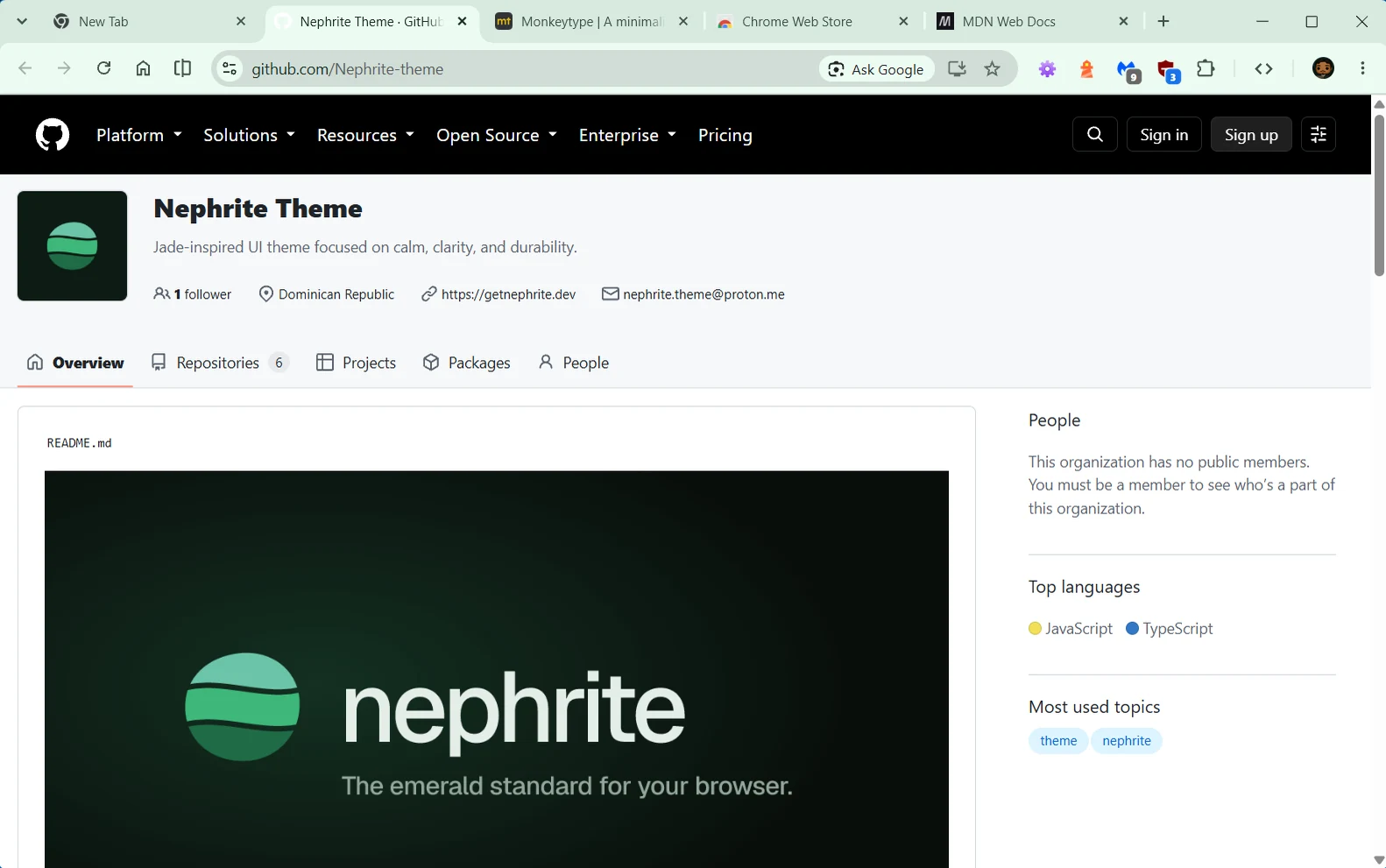 Un navegador con el tema Nephrite Mint aplicado